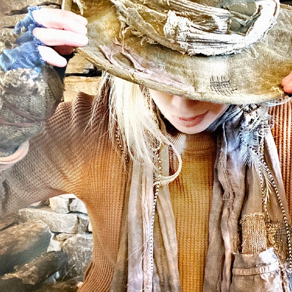 Stylish Tan and Green stetson distressed hat with added scarf band Women\'s Hat main image 6